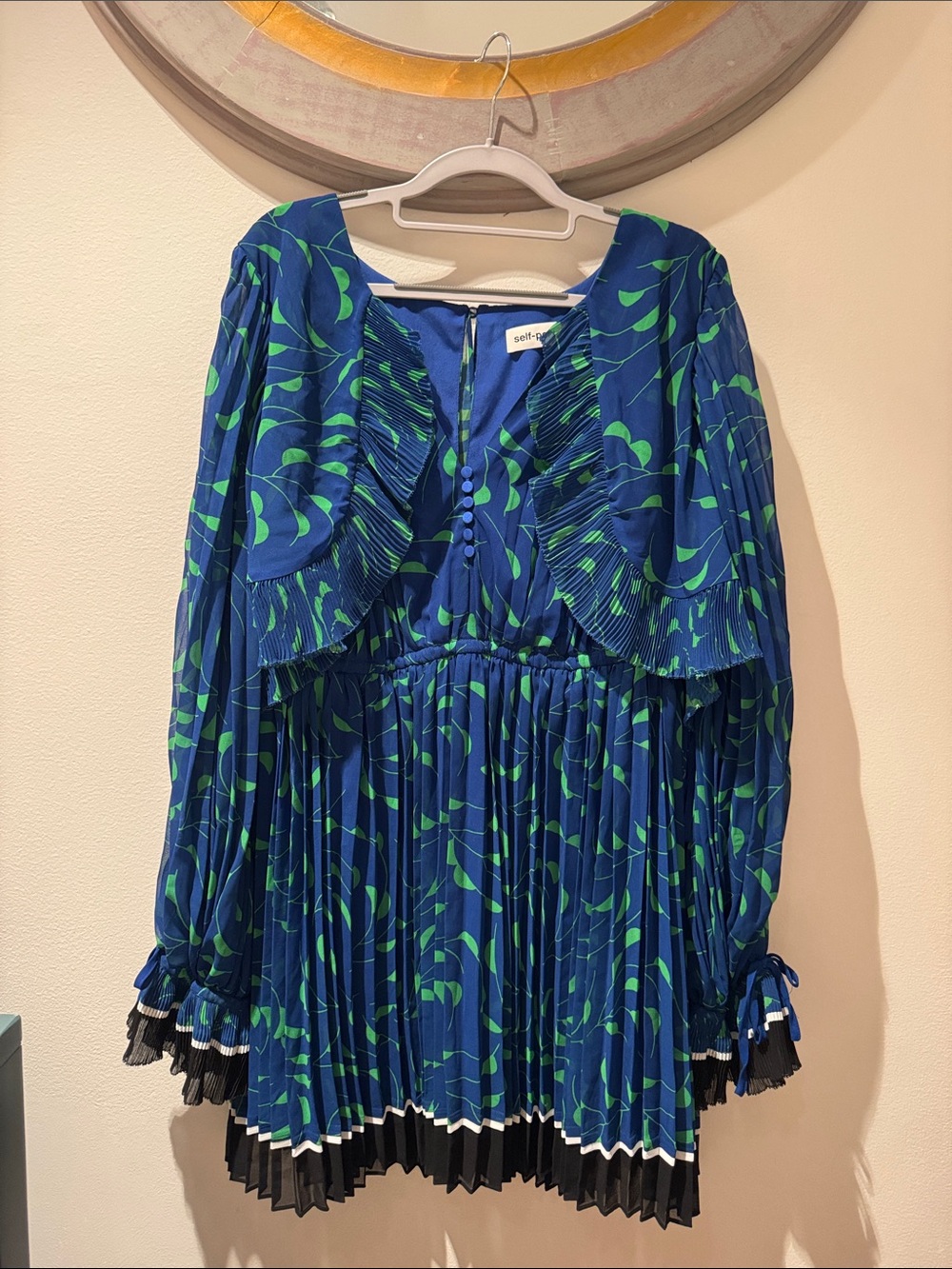 Self-Portrait Blue and Green Pleated Mini Dress with Ruffle Bodice